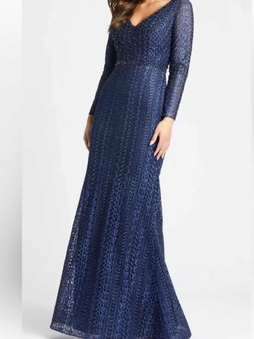 Mac Duggal Navy Beaded Long-Sleeve V-Neck Gown - Picture 4 of 8